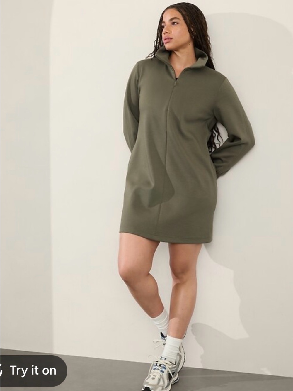 Athleta  Zip-Front Sweatshirt Mini Dress - Moss Green SZ XS